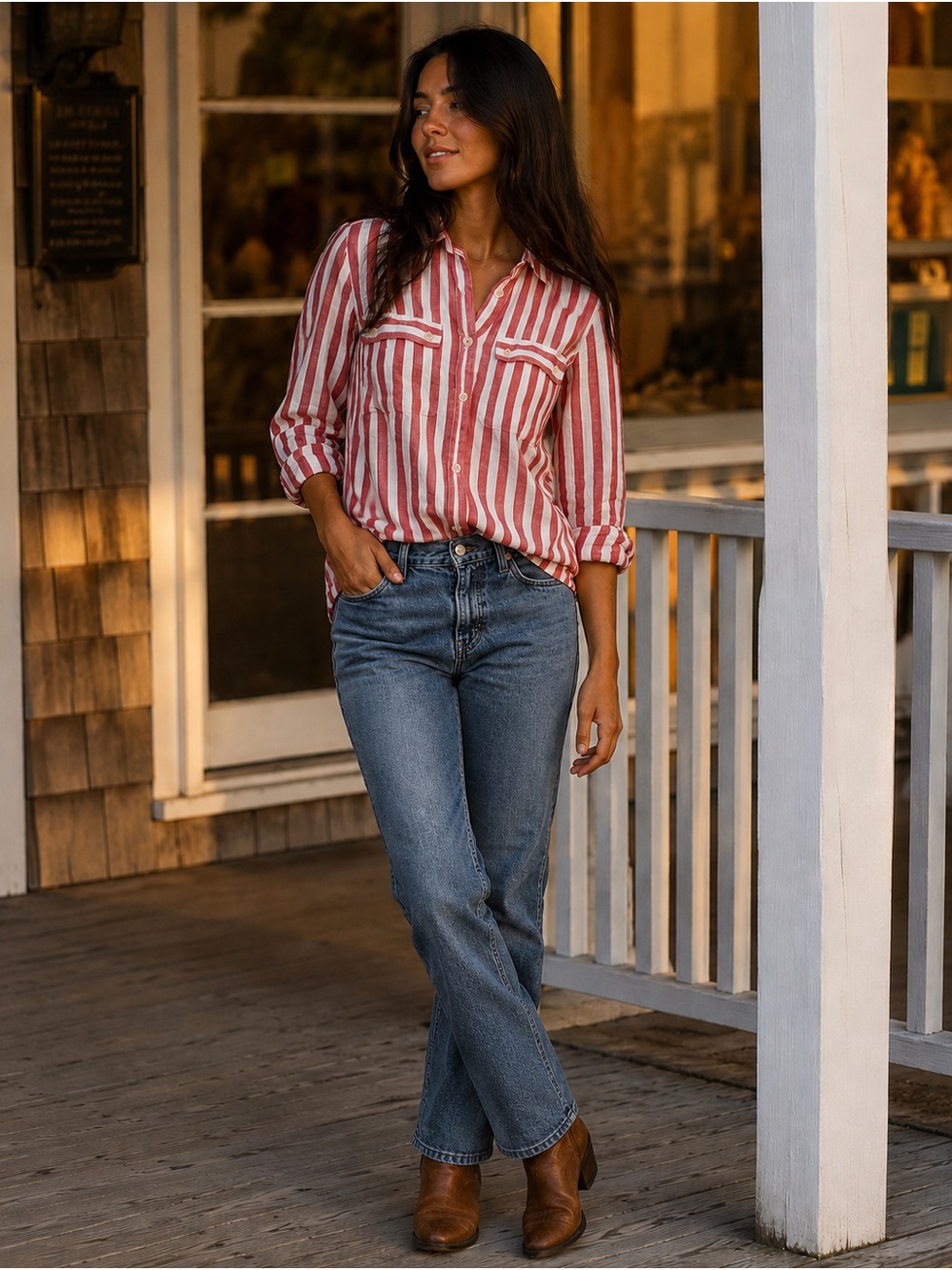 J.Crew Linen Striped Shirt Red White Button Up Utility Pockets Size 12